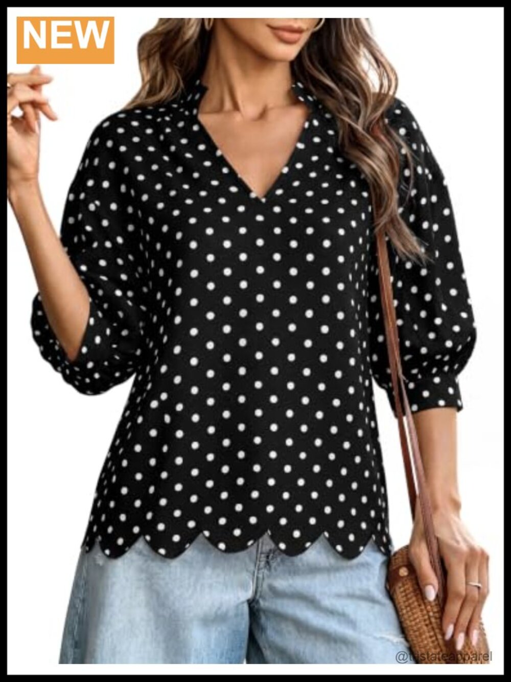 Women's Polka Dot 3/4 Sleeve Puff Blouse V-Neck Peplum Top